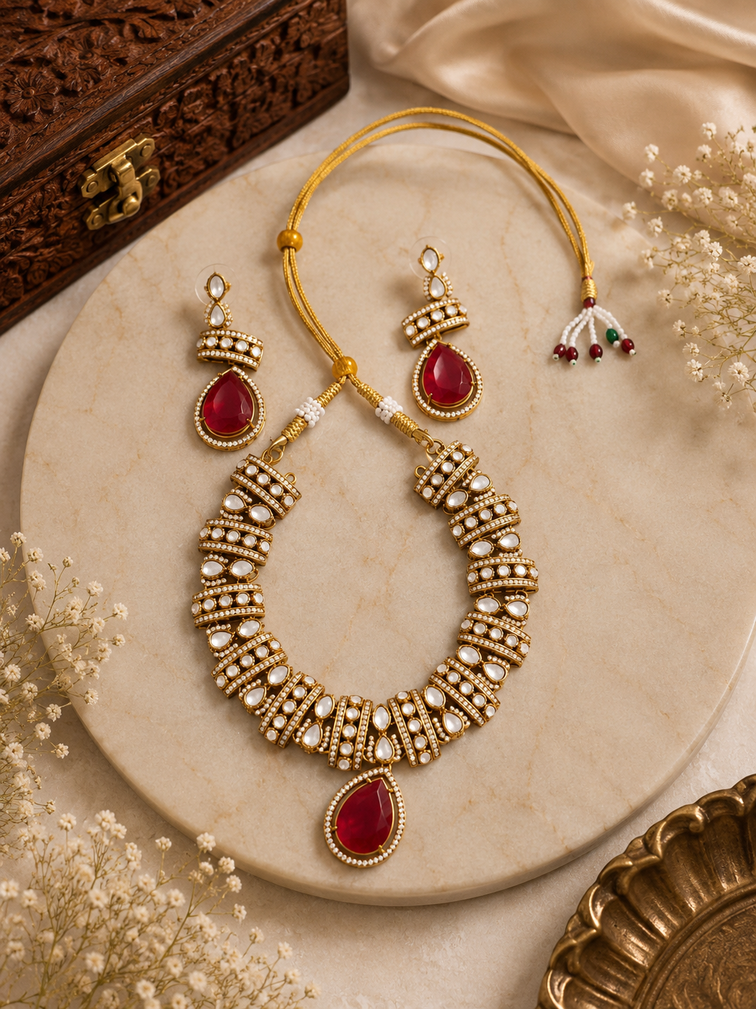 Gold-tone heritage necklace set with red teardrop pendant and beadwork stud earrings