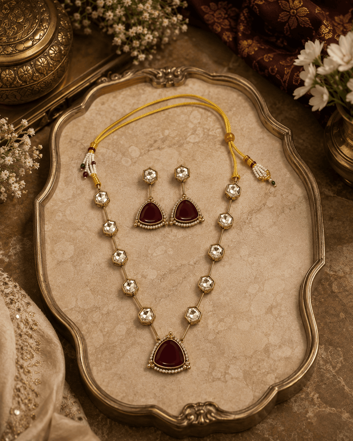 Gold-toned necklace set on tray with teardrop charms and dark red center pendant