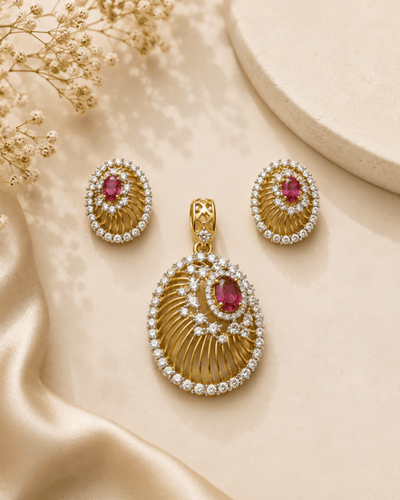 Gold-tone pendant with pink oval halo and matching stud earrings