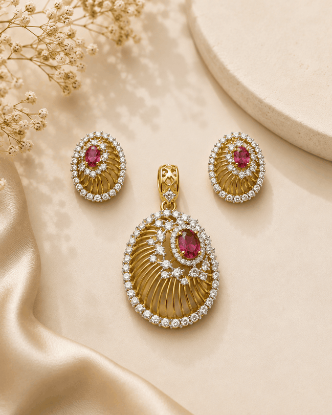 Gold-tone pendant with pink oval halo and matching stud earrings