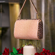 Rose gold crystal mini shoulder bag with chain strap and glittering fringe drop