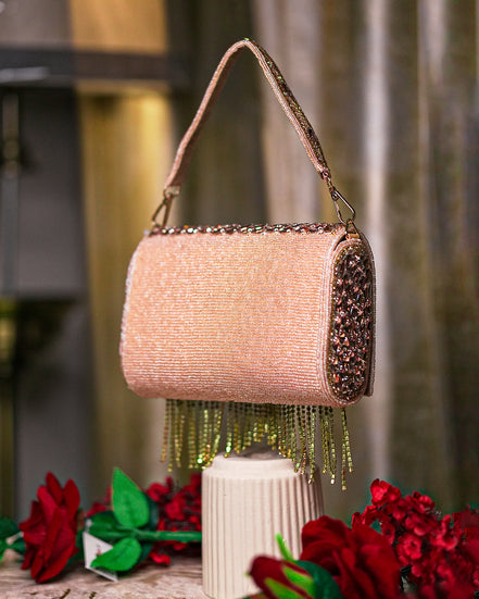 Rose gold crystal mini shoulder bag with chain strap and glittering fringe drop