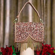 Rose gold crystal fringe shoulder bag with top handle, embellished flap and dangling beads
