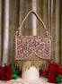 Rose gold crystal fringe shoulder bag with top handle, embellished flap and dangling beads