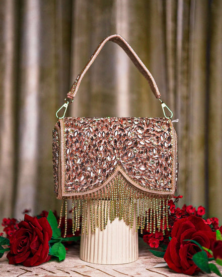 Rose gold crystal fringe shoulder bag with top handle, embellished flap and dangling beads