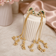 Gold-tone tassel earrings with ruby-pink and teal cabochon drops and chain fringes