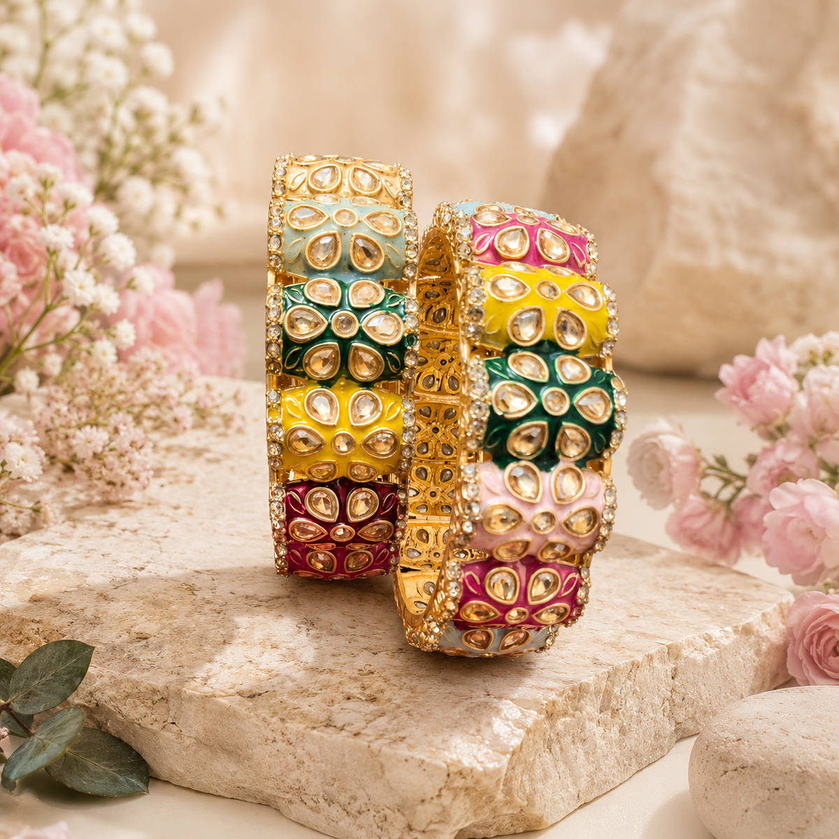 Kundan enamel bangle set, gold and multicolor kundan enamel on three stacked cuffs