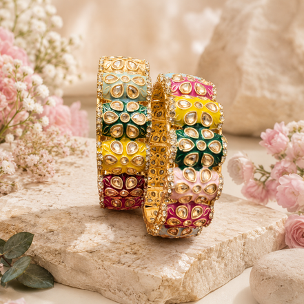 Kundan enamel bangle set, gold and multicolor kundan enamel on three stacked cuffs