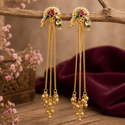 Gold-tone tassel earrings with ruby-pink and teal cabochon tops and long dangling bead chains