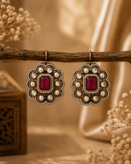 Royal Heritage pearl stud earrings with red square gemstone and decorative pearl border