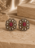 Royal Heritage pearl stud earrings with red square center and ornate gold-tone border