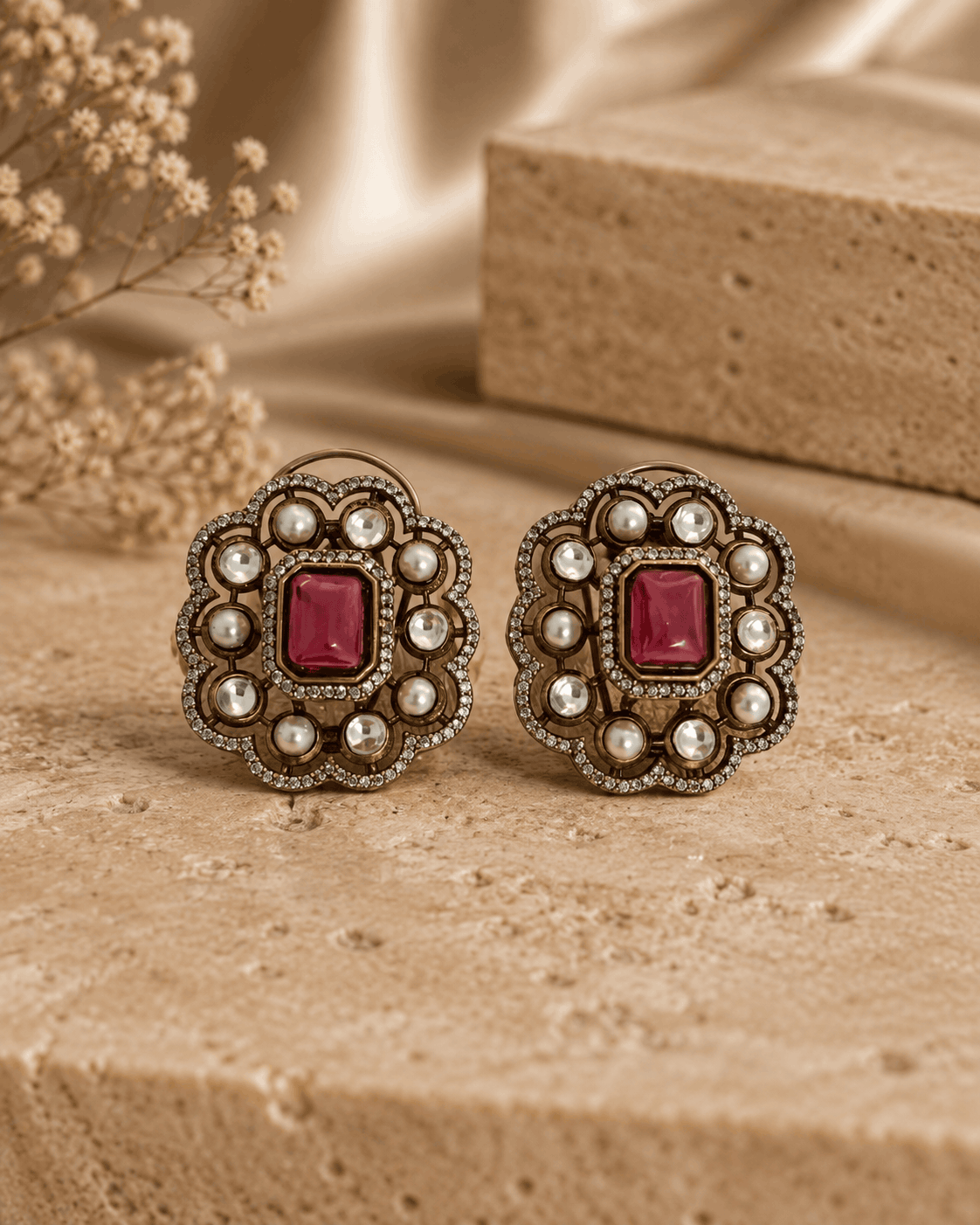 Royal Heritage pearl stud earrings with red square center and ornate gold-tone border
