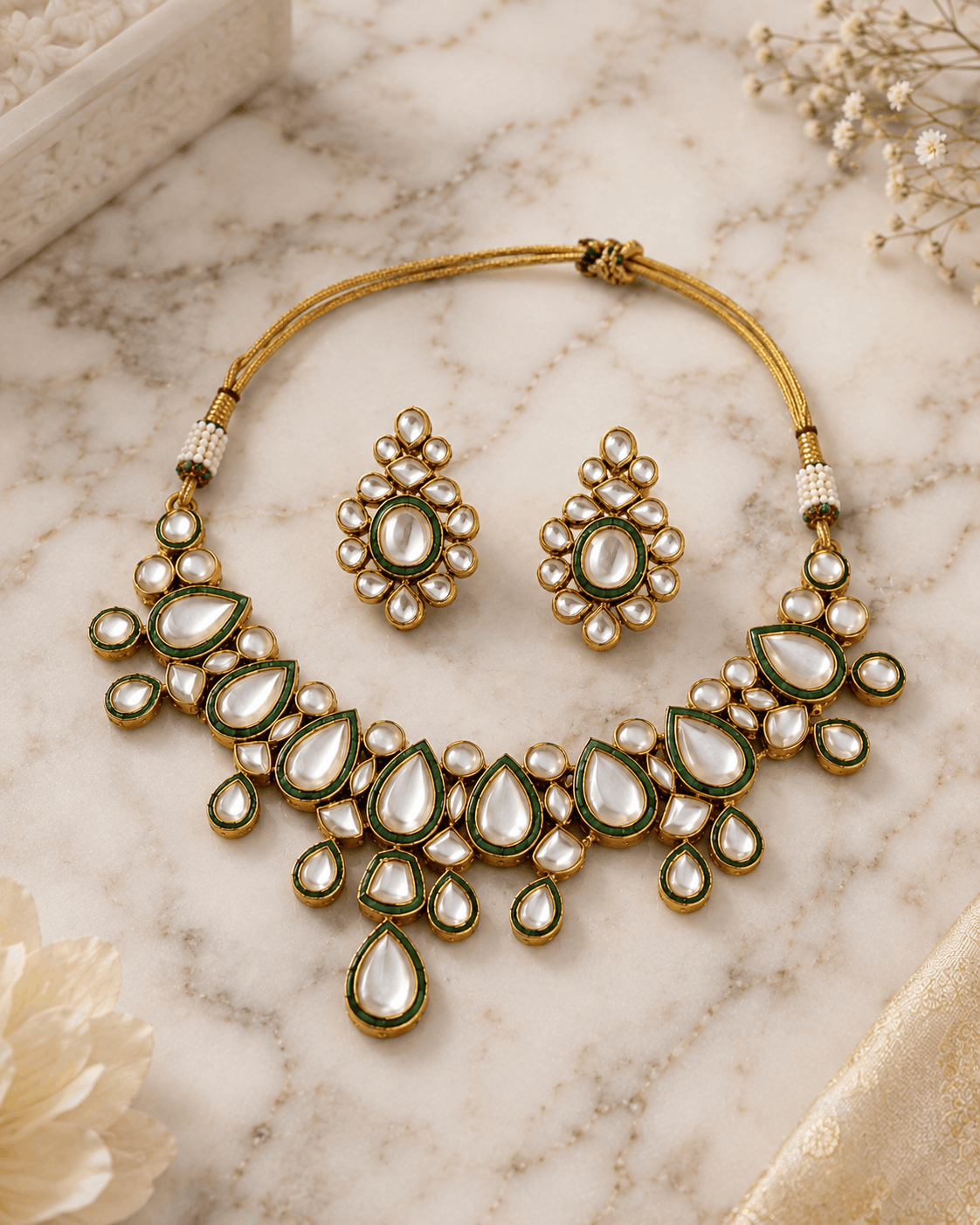 Gold kundan choker necklace set with green teardrop stones and stud earrings