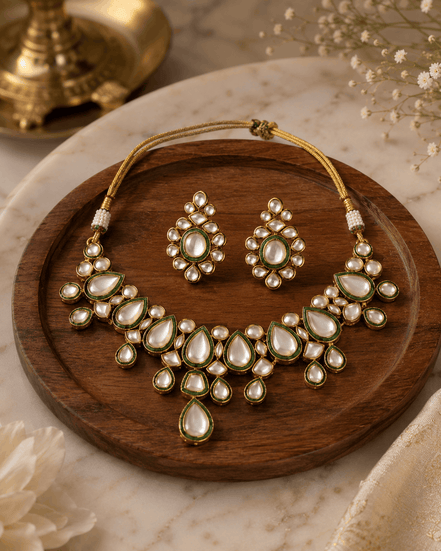 Gold kundan necklace and earrings set with oval and teardrop green stones