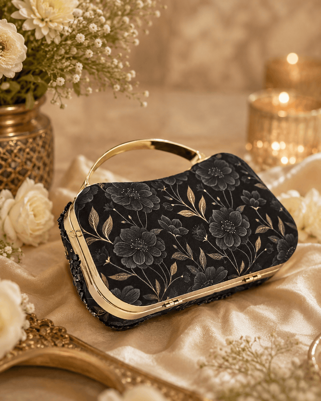 Black floral clutch bag with gold handle and dark fabric with large flower motifs