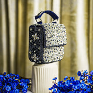 Dark blue and silver crystal box bag, top handle and side rhinestone detailing