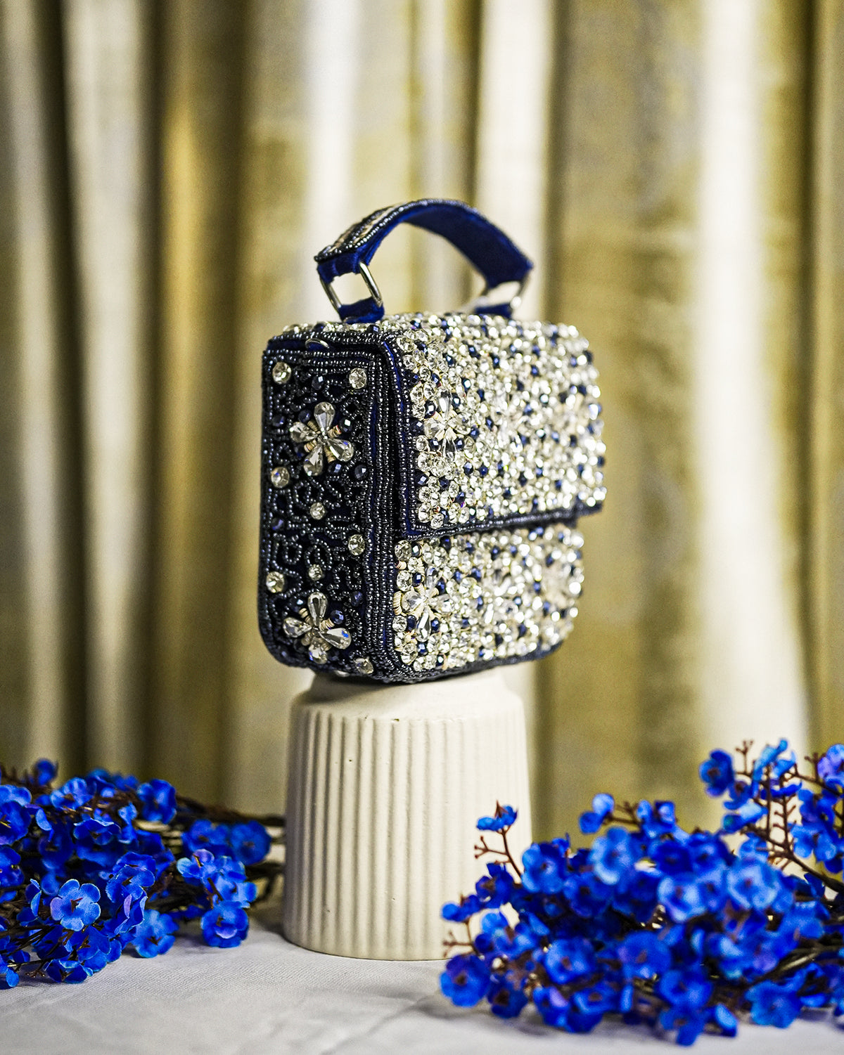 Dark blue and silver crystal box bag, top handle and side rhinestone detailing
