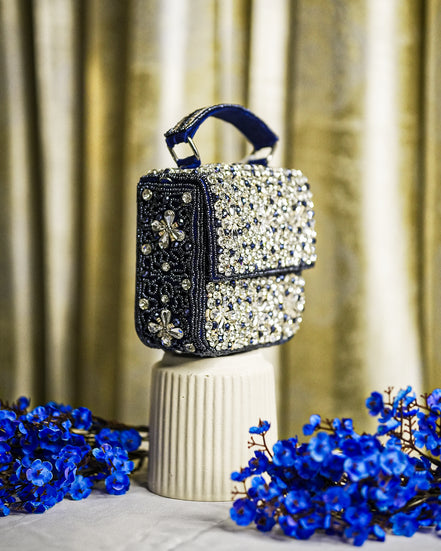 Dark blue and silver crystal box bag, top handle and side rhinestone detailing