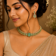 Sea green stone choker necklace set with matching gold-tone drop earrings
