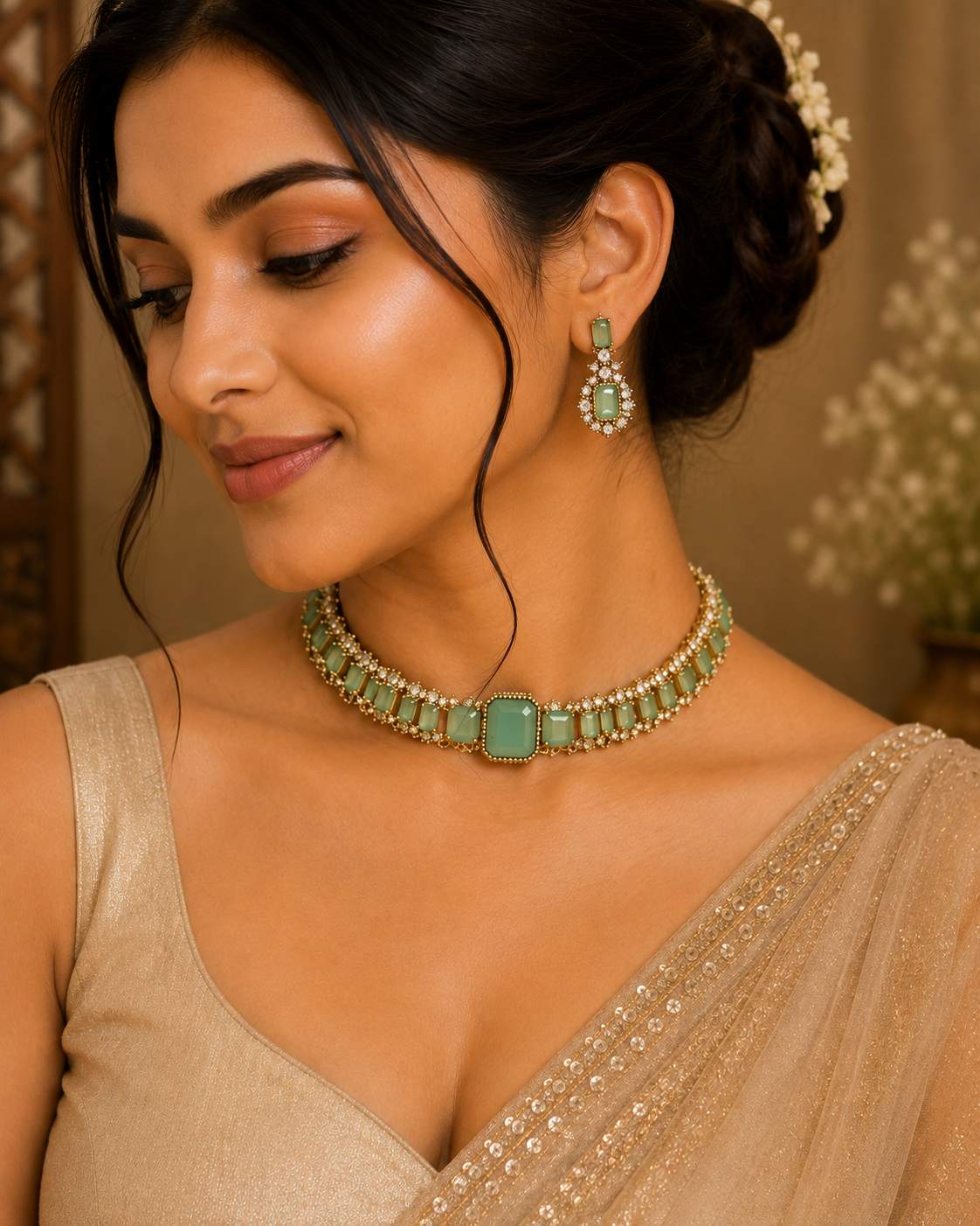 Sea green stone choker necklace set with matching gold-tone drop earrings