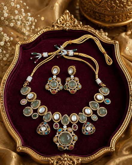 Jewelry set on maroon cushion: gold-tone choker necklace with green gemstone drops
