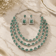 Mint green layered necklace with matching stone stud and drop earrings