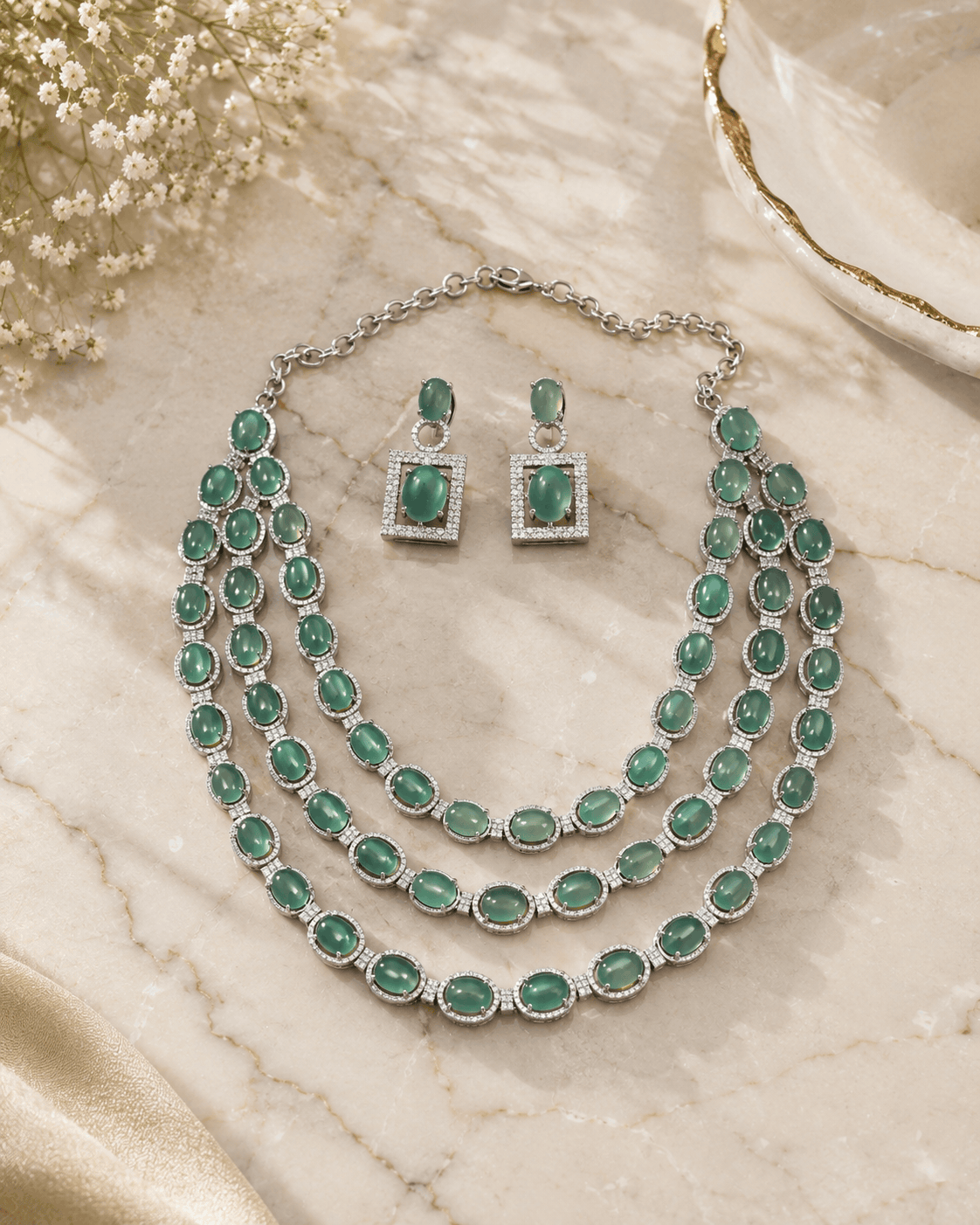 Mint green layered necklace with matching stone stud and drop earrings