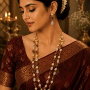 Gold-tone mala necklace set with pink, green, and red beads and matching drop earrings