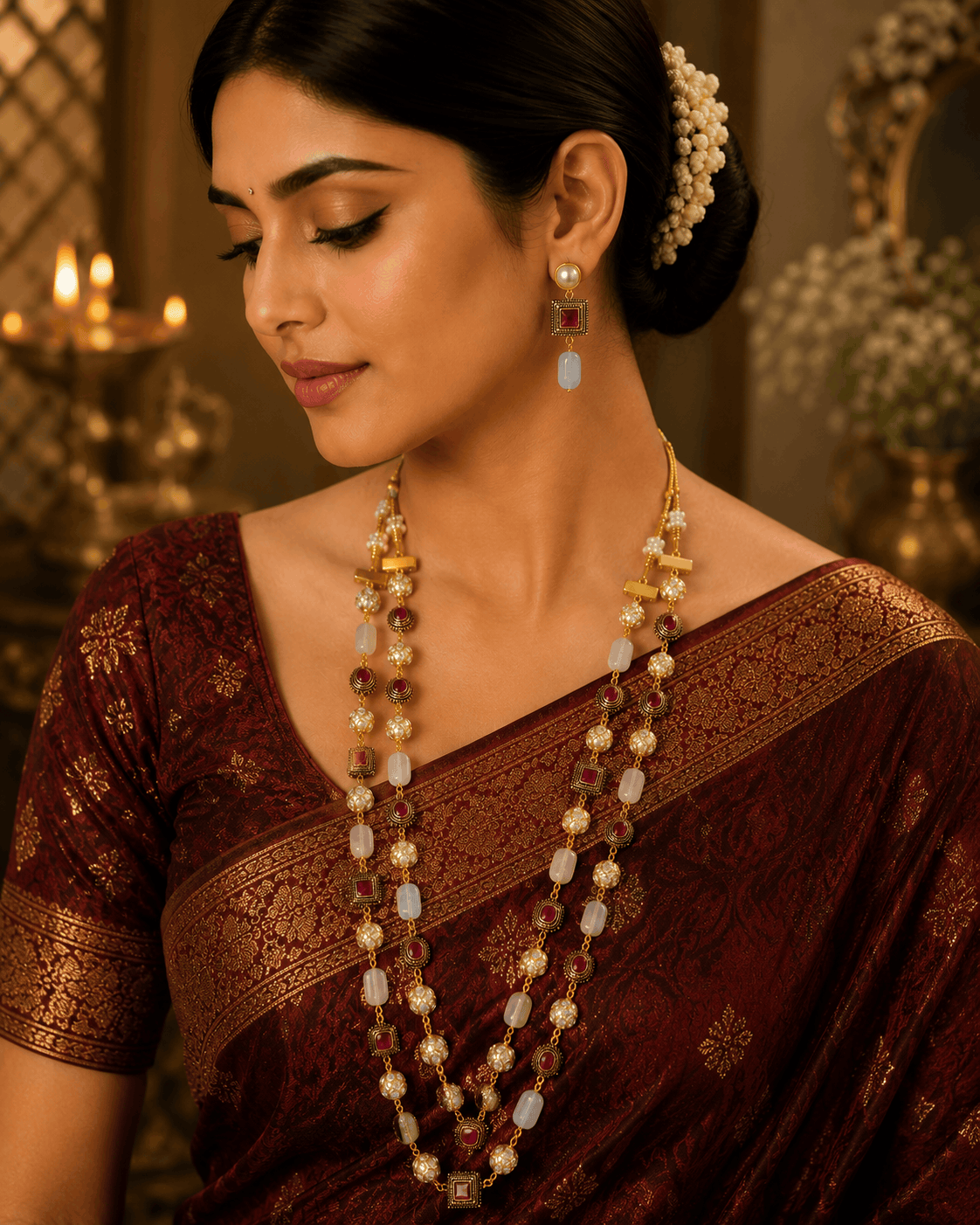 Gold-tone mala necklace set with pink, green, and red beads and matching drop earrings