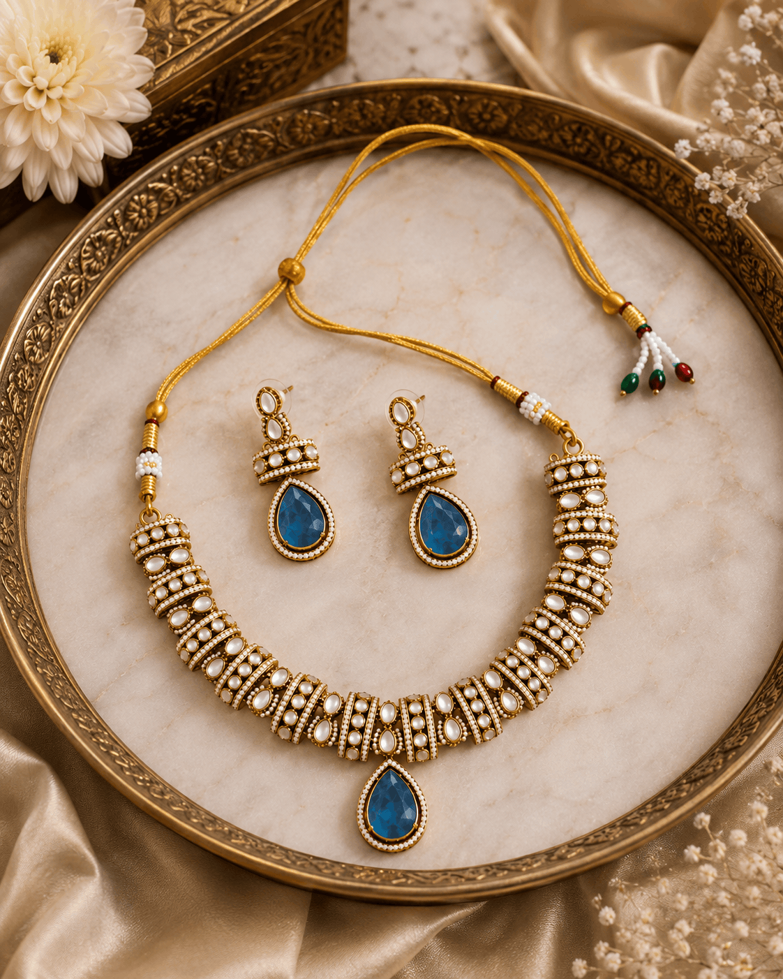 Gold-tone heritage necklace set with blue teardrop pendant and beadwork earrings