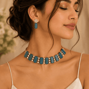 Teal blue gemstone choker with matching drop earrings and flower stud tops