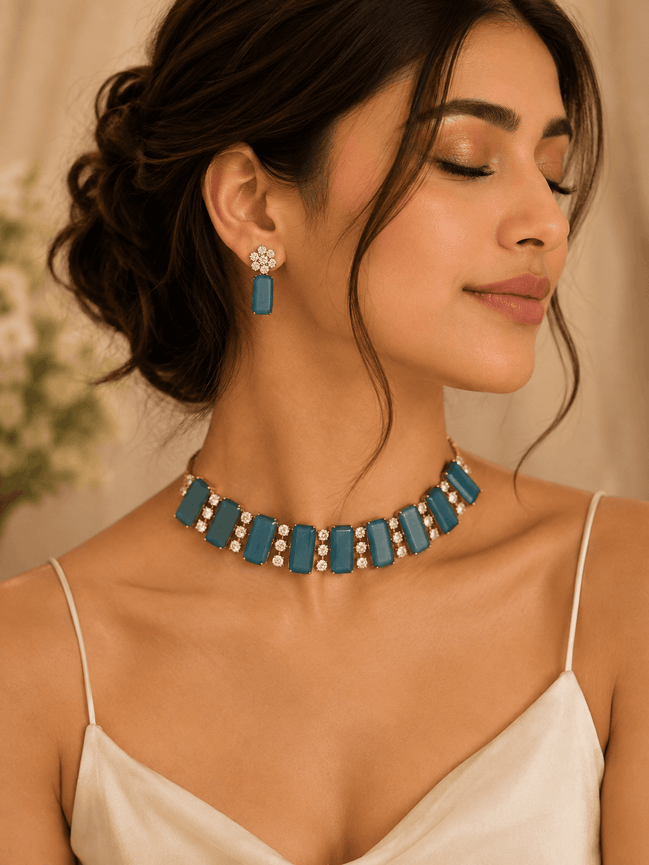 Teal blue gemstone choker with matching drop earrings and flower stud tops