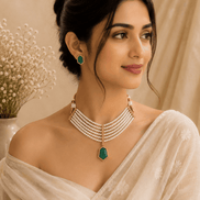 Gold-tone pearl necklace with green drop pendant and green stud earrings on model