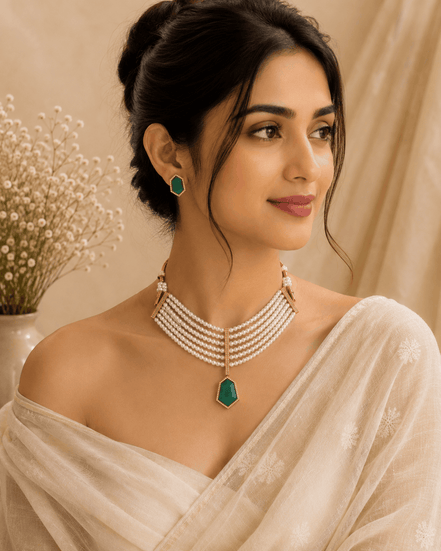 Gold-tone pearl necklace with green drop pendant and green stud earrings on model