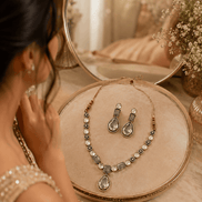 Clear teardrop crystal necklace with pearl-like bead rows and stud drop earrings