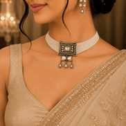 Off-white beaded choker set with square pendant and dangling drops earrings