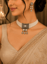 Off-white beaded choker set with square pendant and dangling drops earrings