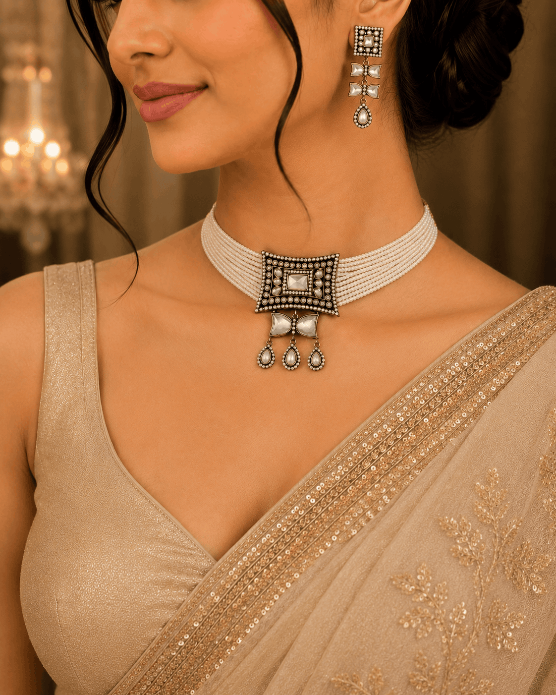 Off-white beaded choker set with square pendant and dangling drops earrings