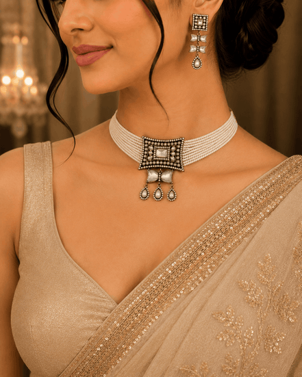 Off-white beaded choker set with square pendant and dangling drops earrings
