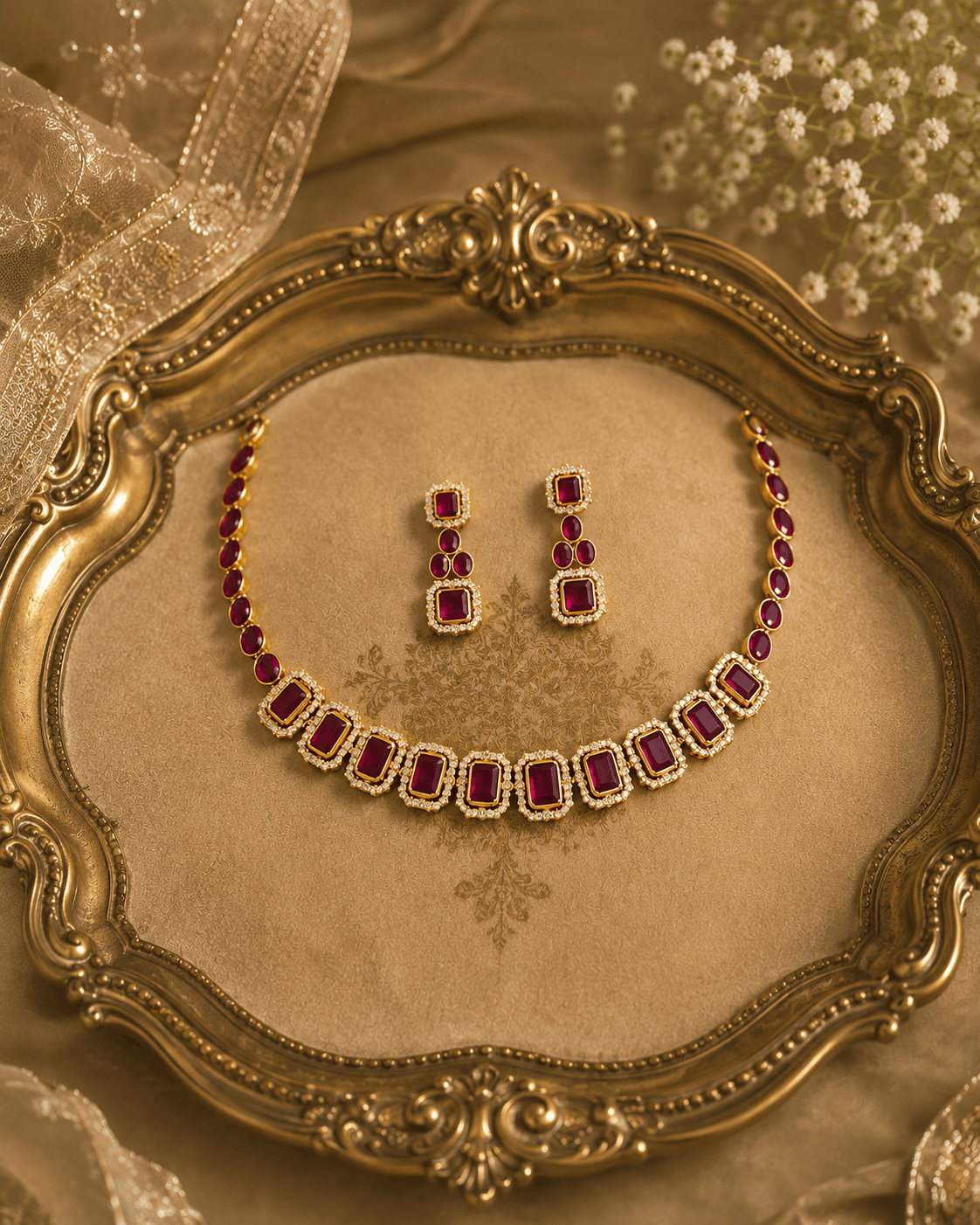 Gold-tone necklace with red and green stones and matching stud earrings