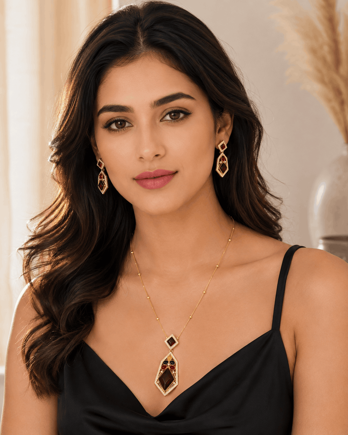 Gold-tone pendant necklace and drop earrings with dark red and blue stones, worn.