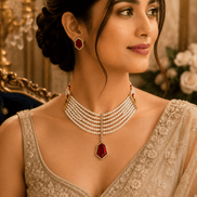 Gold-tone pearl necklace with maroon drop pendant and maroon stud earrings on model