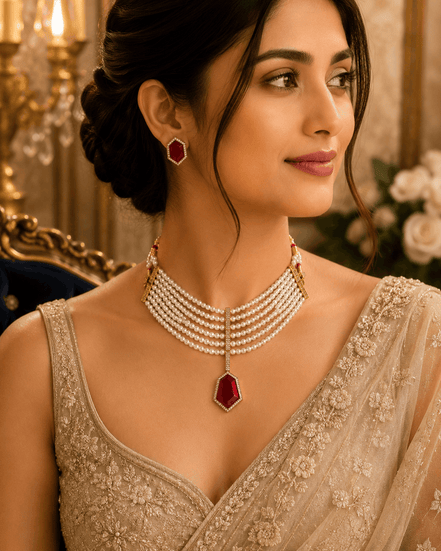 Gold-tone pearl necklace with maroon drop pendant and maroon stud earrings on model